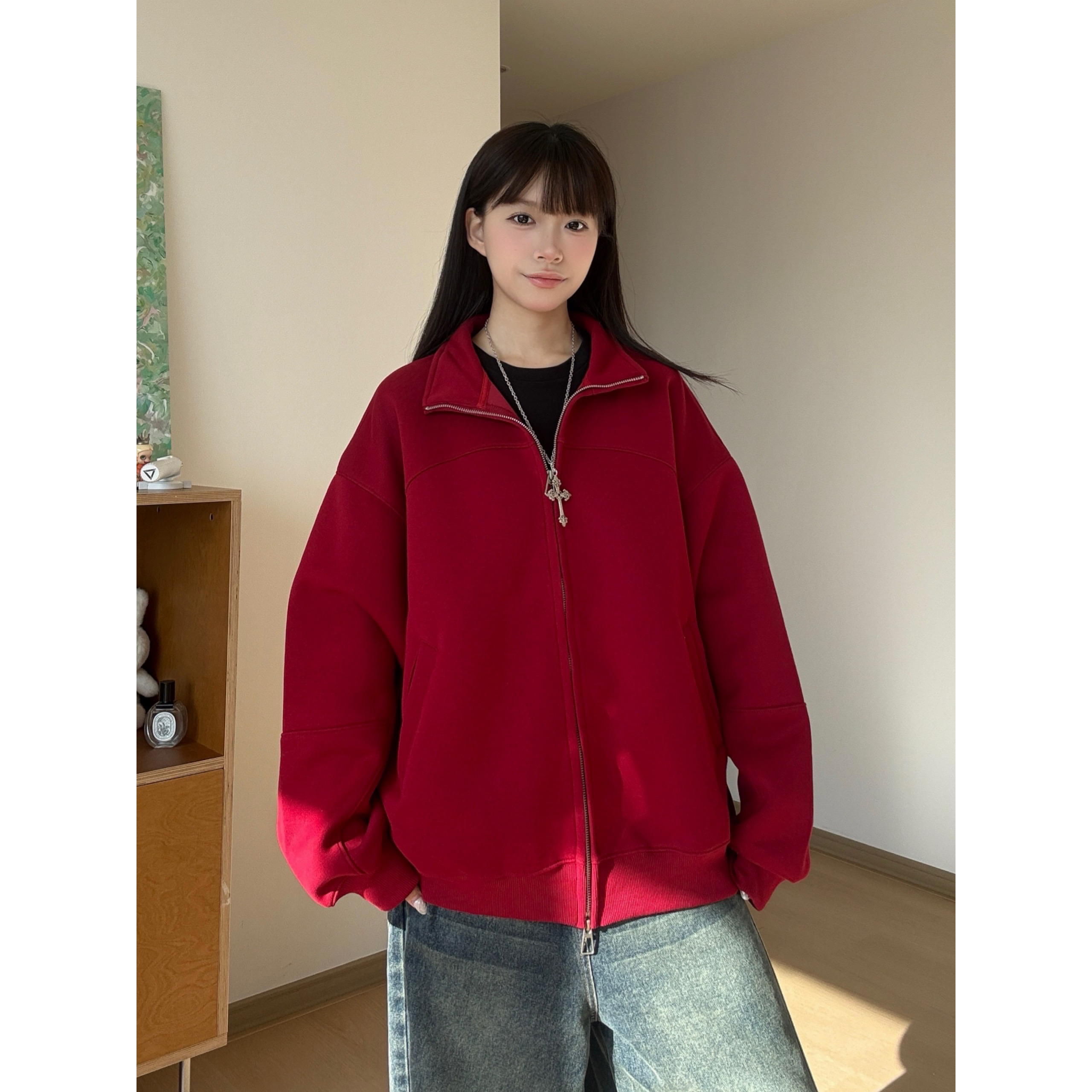 宽松开衫立领设计感春季拉链字母百搭ins不起球卫衣