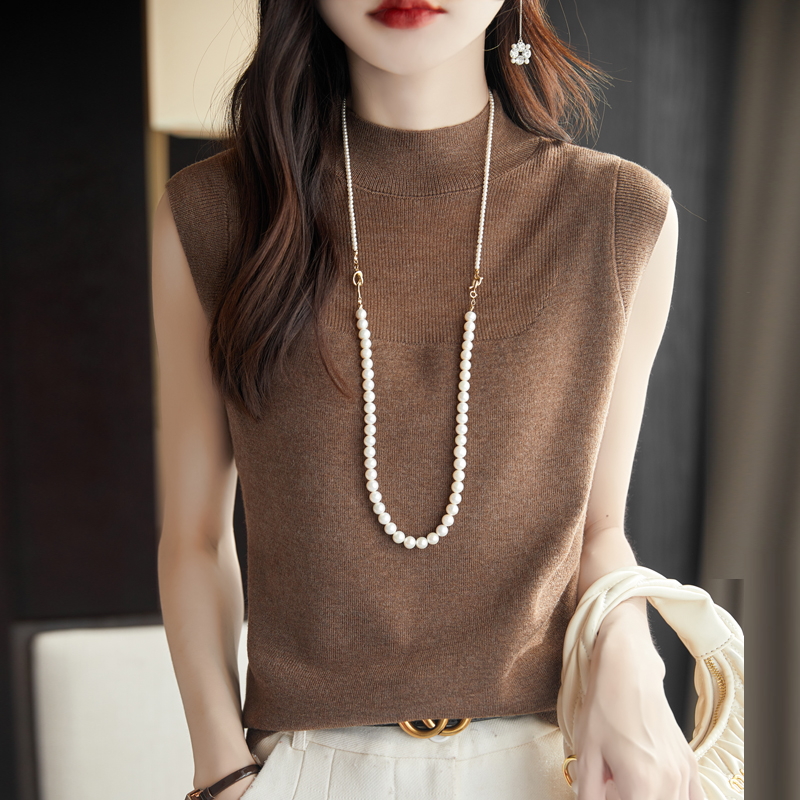 百搭神器 气质撩人！春季精纺羊毛半高领无袖针织衫 米雪绒