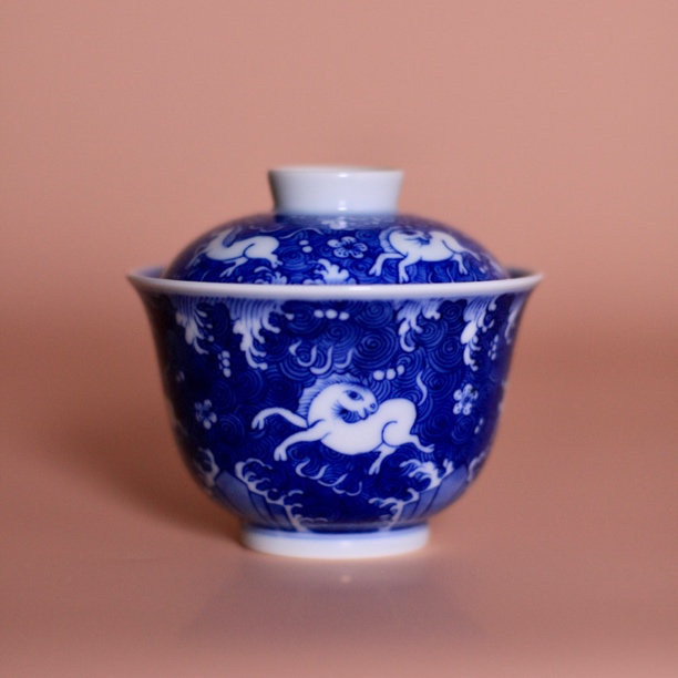 梁峻窑 青花天马行空二才小盖碗满釉盖碗