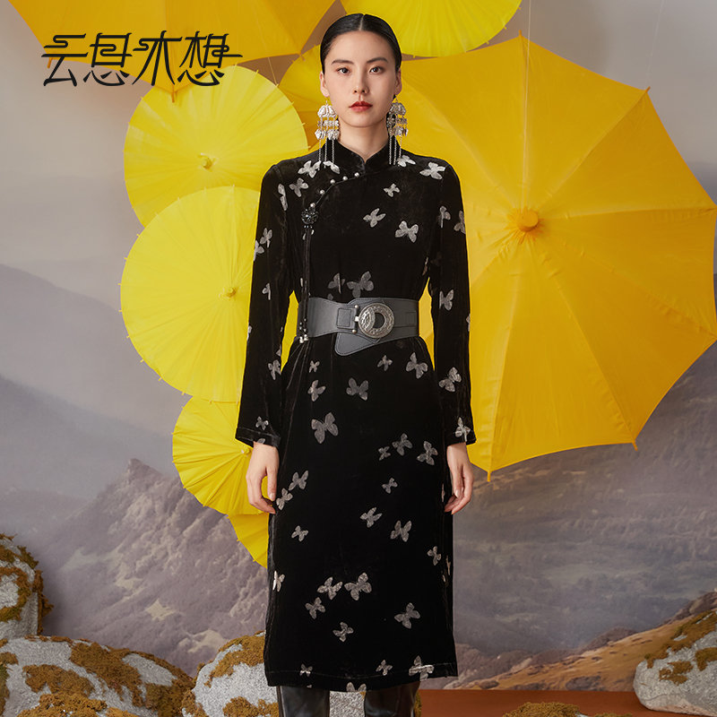 Ysimo-X云思木想摩登国风女装2024秋冬镂空印花桑蚕丝连衣裙12311