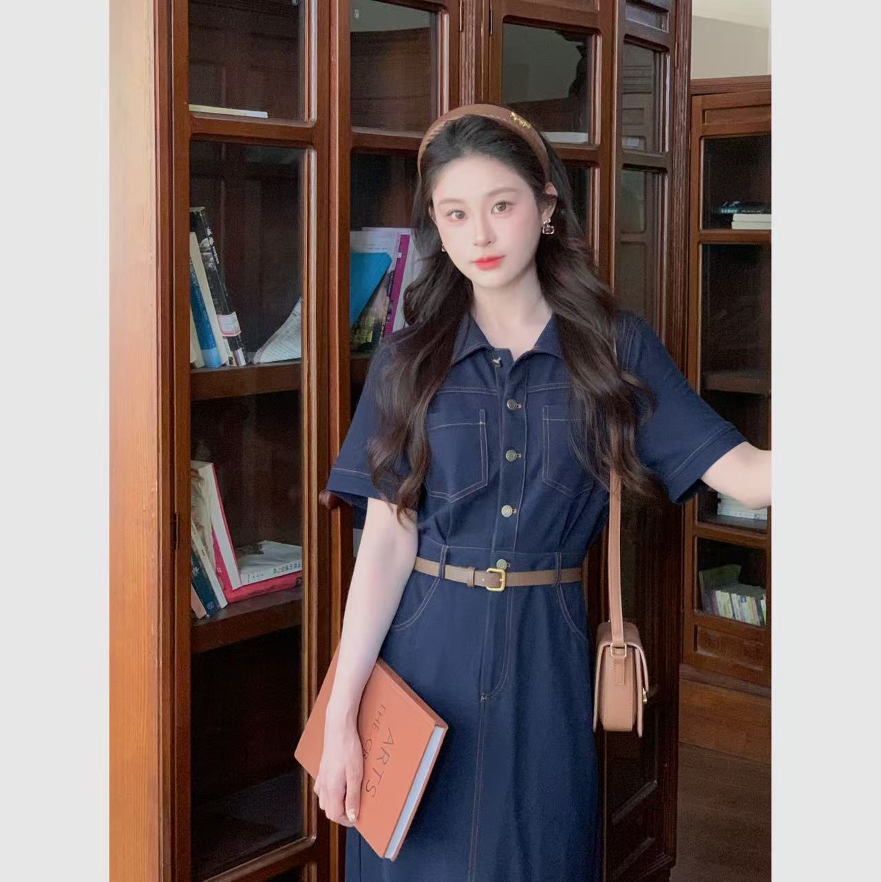 鹿向南【南法牧歌】MOMO复古翻领仿牛仔连衣裙夏季新款收腰显瘦长裙