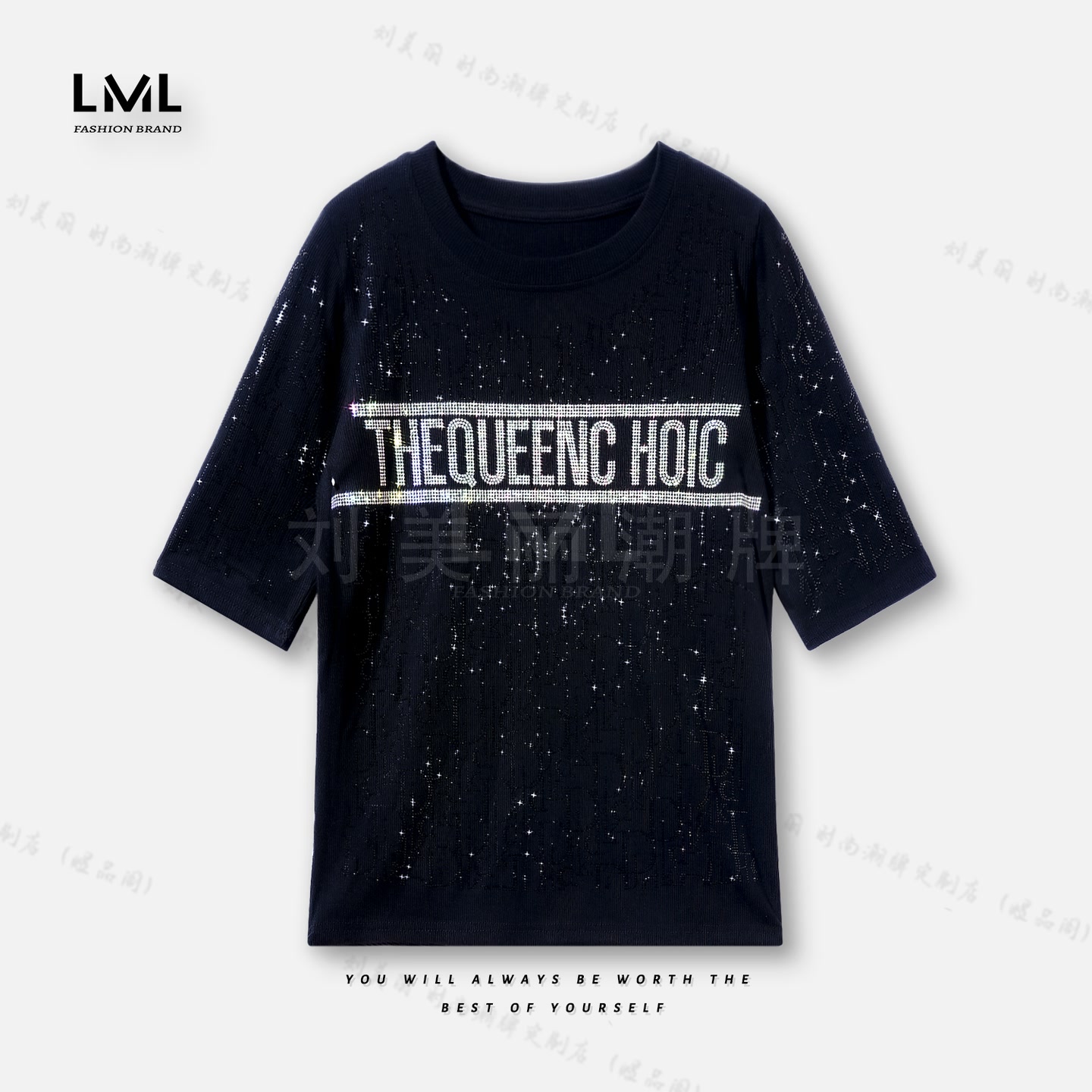 现货丽丽家 春夏新款英文字母散钻休闲洋气百搭短袖