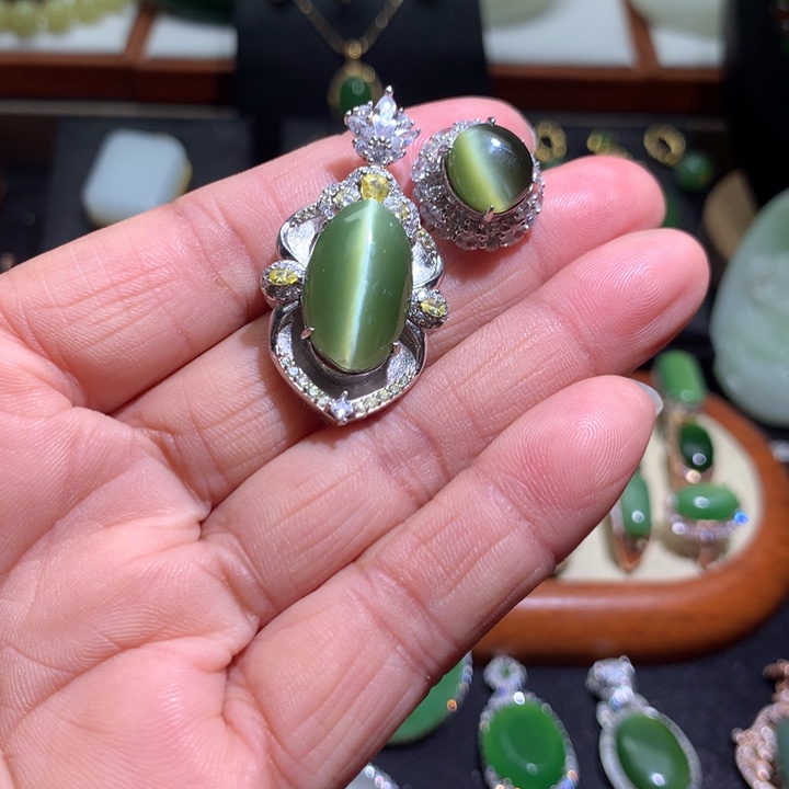 和田玉吊坠戒指套装银S925镶嵌四*