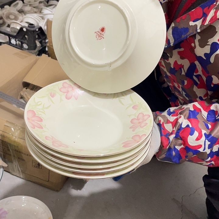 瓷片春蕾象牙磁深盘6个 微瑕疵 8英寸