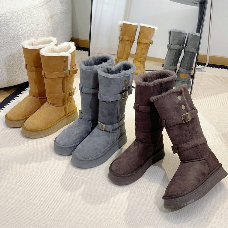冬季两穿扣带长筒雪地靴加绒加厚厚底毛毛翻边（1223）J