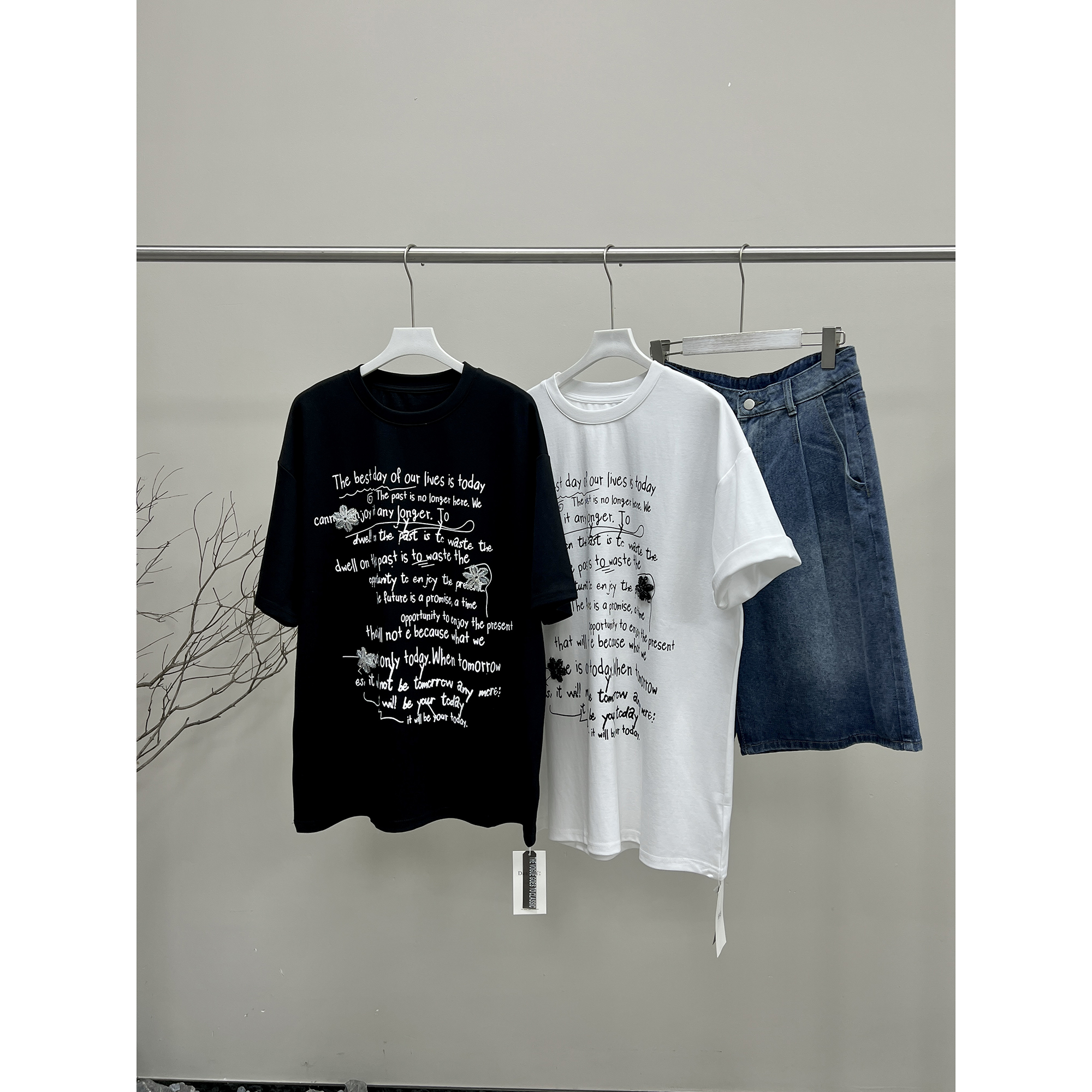 手工串珠字母印花大版短袖T恤8949 