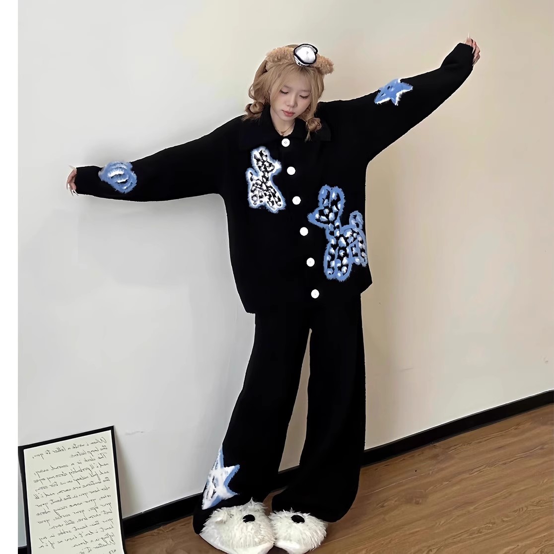 睡衣女秋冬新款甜美卡通针织半边绒加绒加厚家居服大码套装可外穿