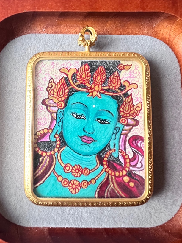 铜合金吊坠 经典藏传唐卡 纯手绘绿度母唐卡钛钢项链吊坠手工