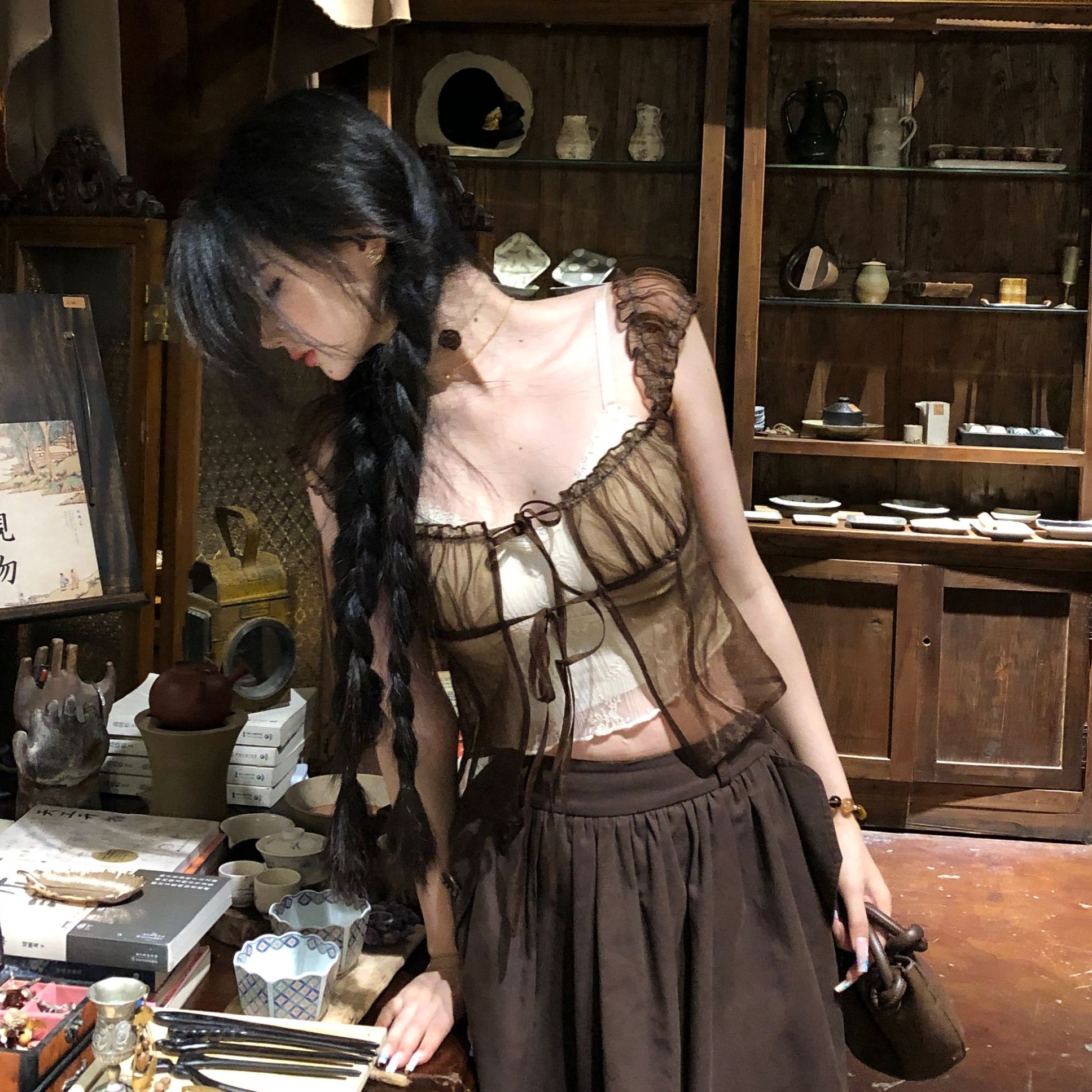 刘德瓜LDG【可露丽】原创设计感复古辣妹短袖衬衫女小衫背心两件套