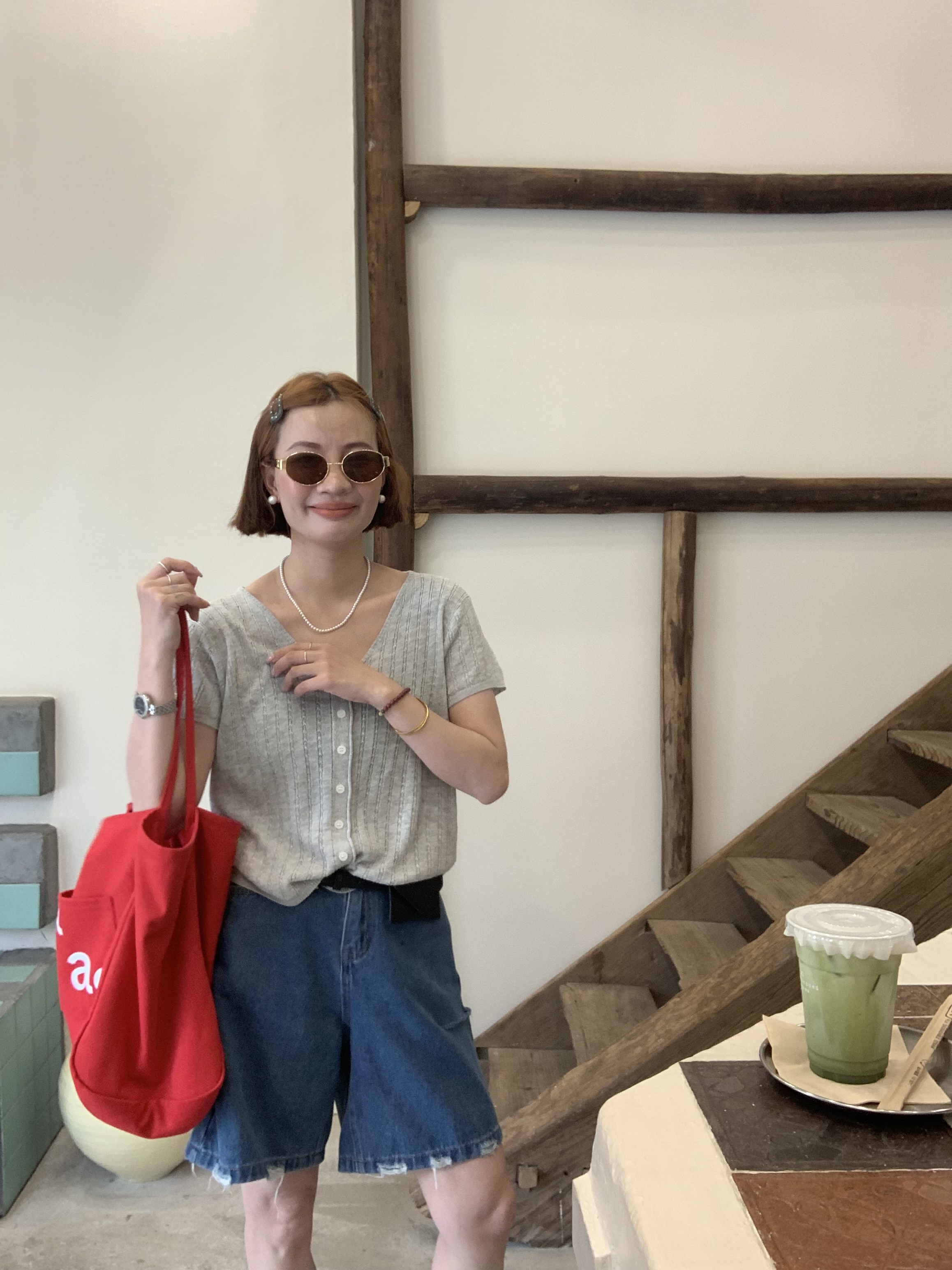 亚麻针织衫法式气质镂空单排扣V领T恤女小个子宽松显瘦短袖#235