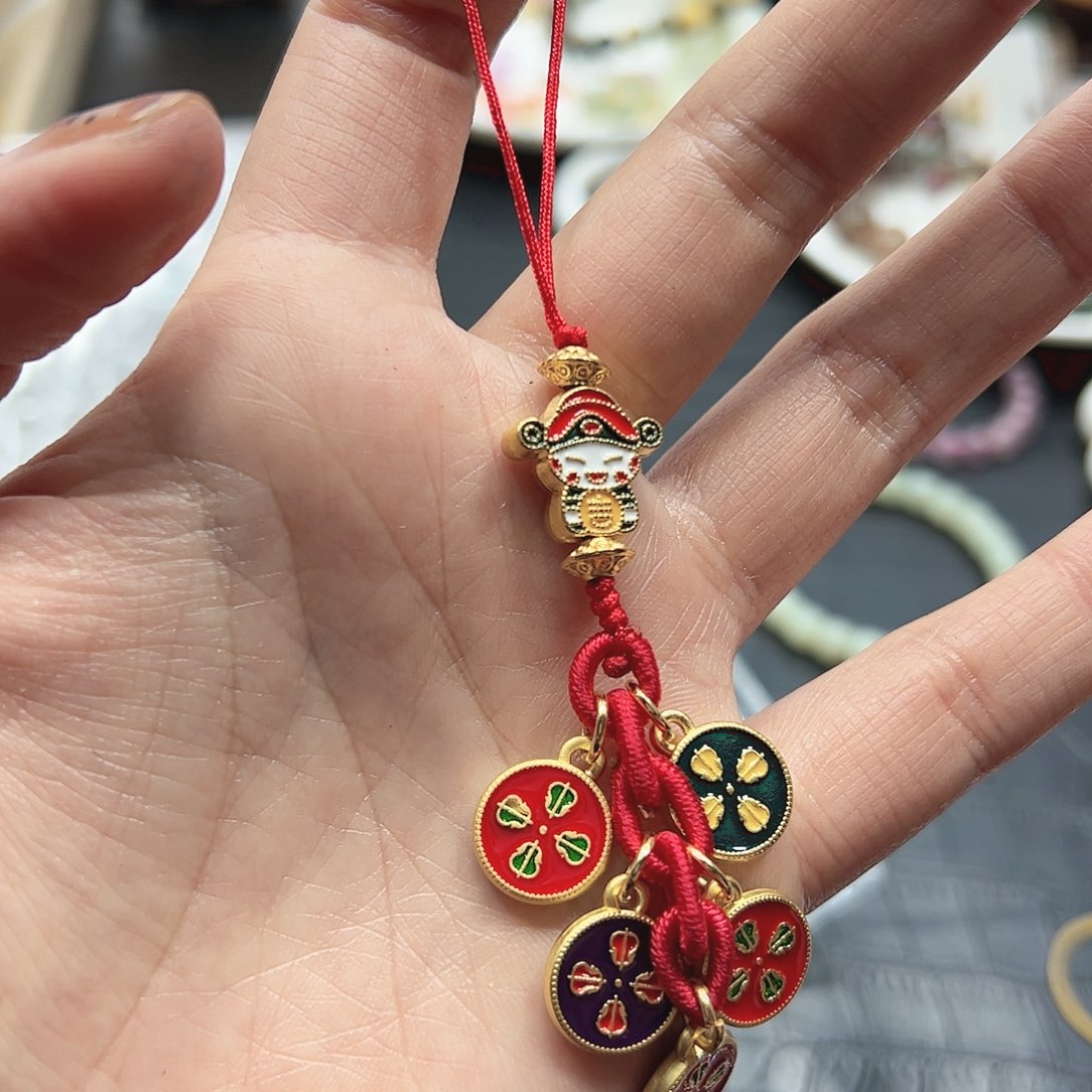 烟晶手链22K金镶嵌五路财神手机挂