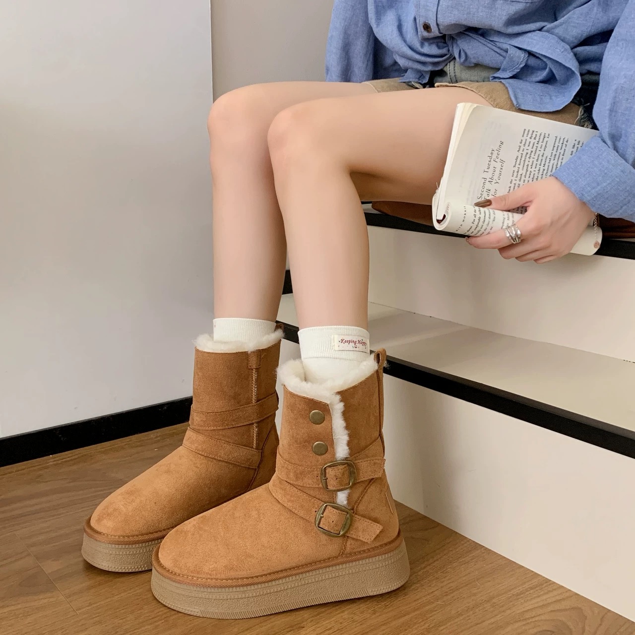 厚底雪地靴女2025秋冬款加绒保暖棉鞋时尚百搭短靴小个子马丁靴LL