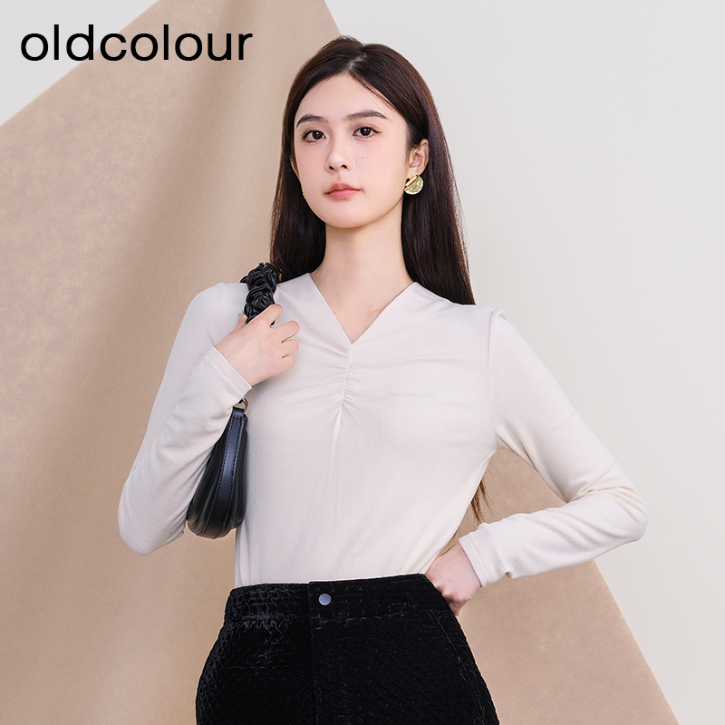oldcolour冬季新款纯色V领宽松百搭长袖T恤打底内搭女P420201A1