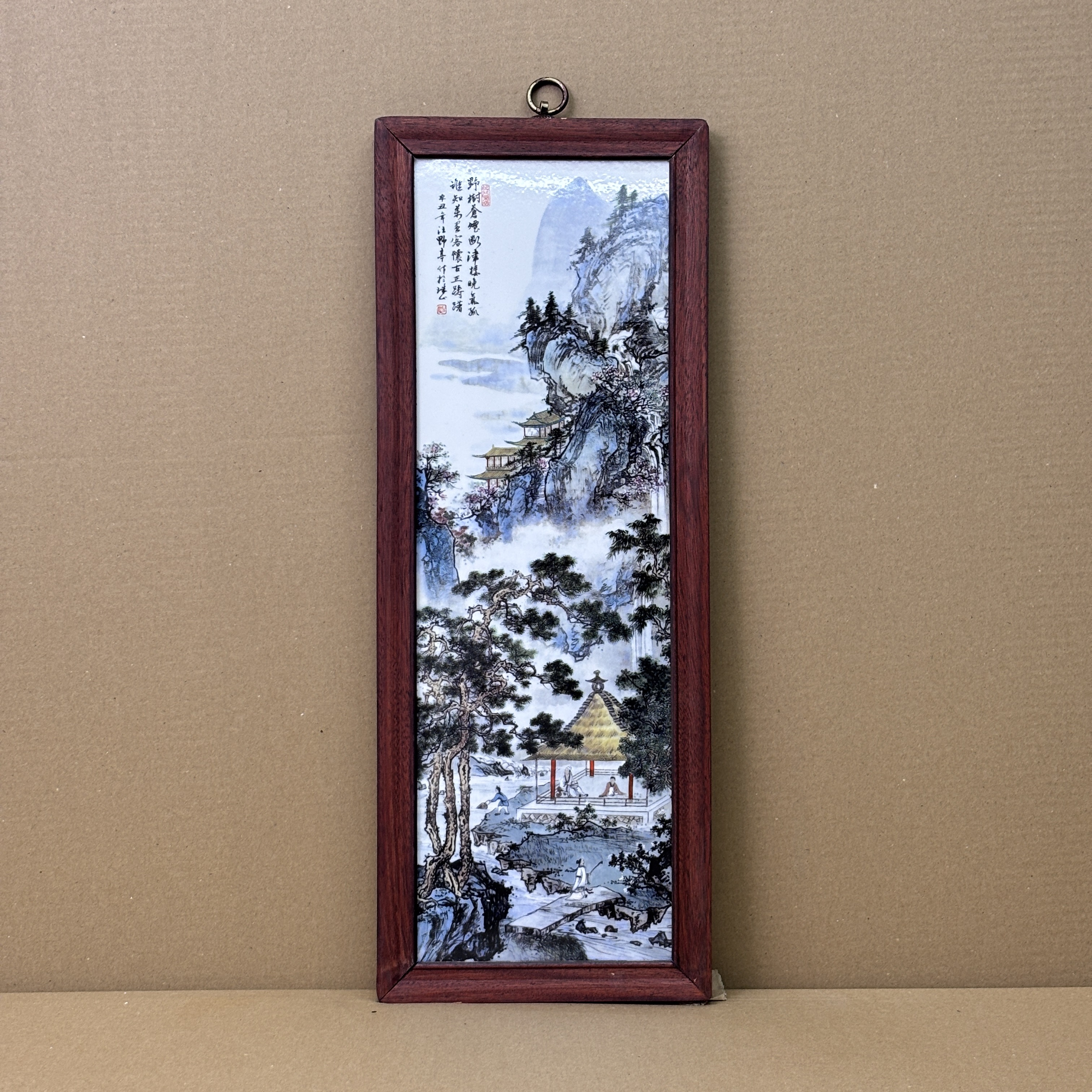 景德镇陶瓷粉彩汪野亭夏景凉亭山水中式瓷板画实木边框53*21