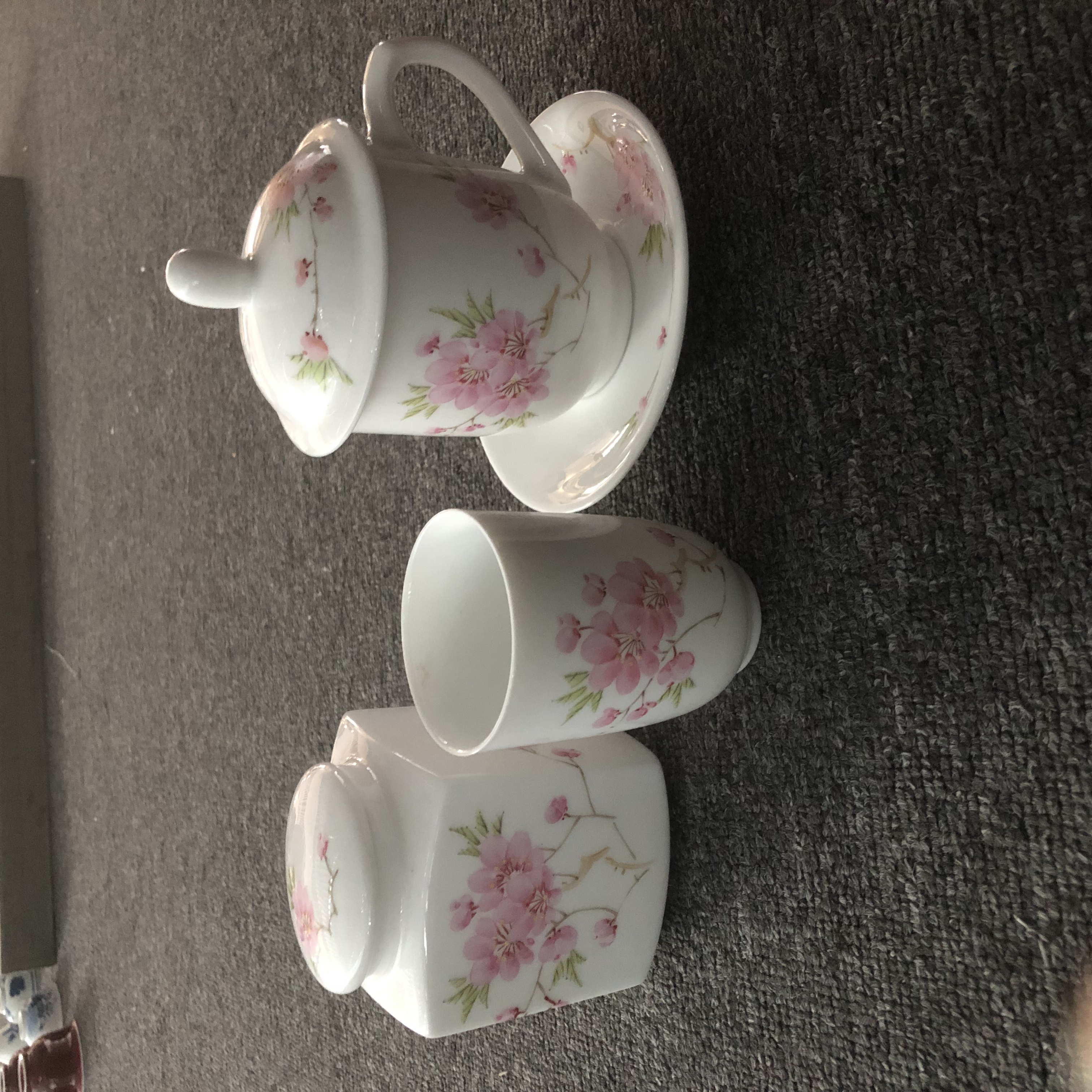 【轻工所】水点桃花粉彩三头办公杯套组  景德镇 瓷器 yztc0382