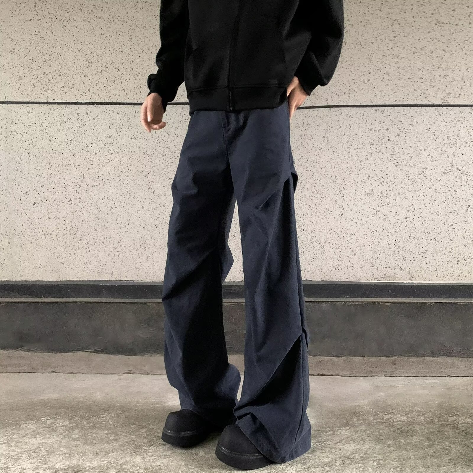 潮流美式高街复古小众长裤冬季直筒裤水洗褶皱微辣工装休闲裤