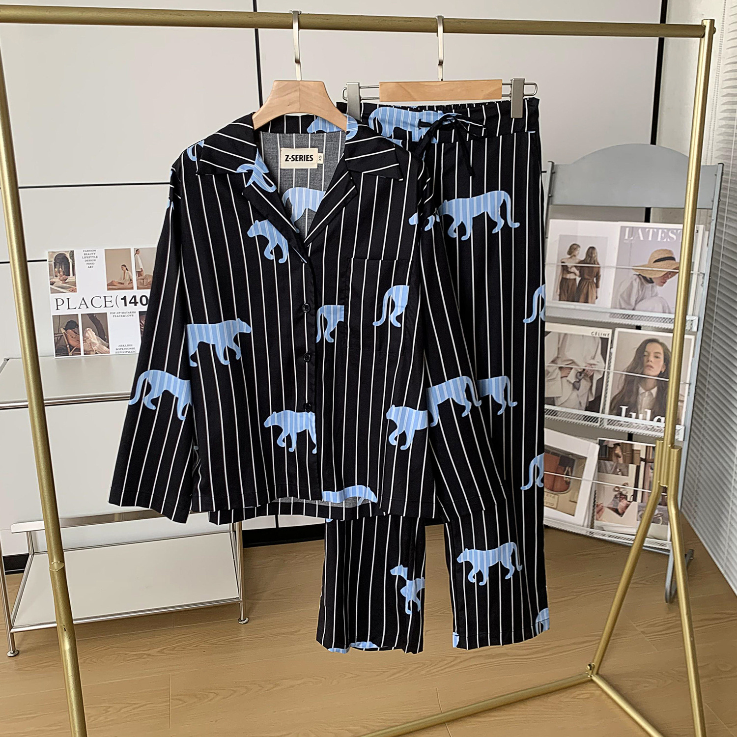 【野SP-蓝条黑豹】新潮牌可外穿天丝棉条纹居家服四季款套装
