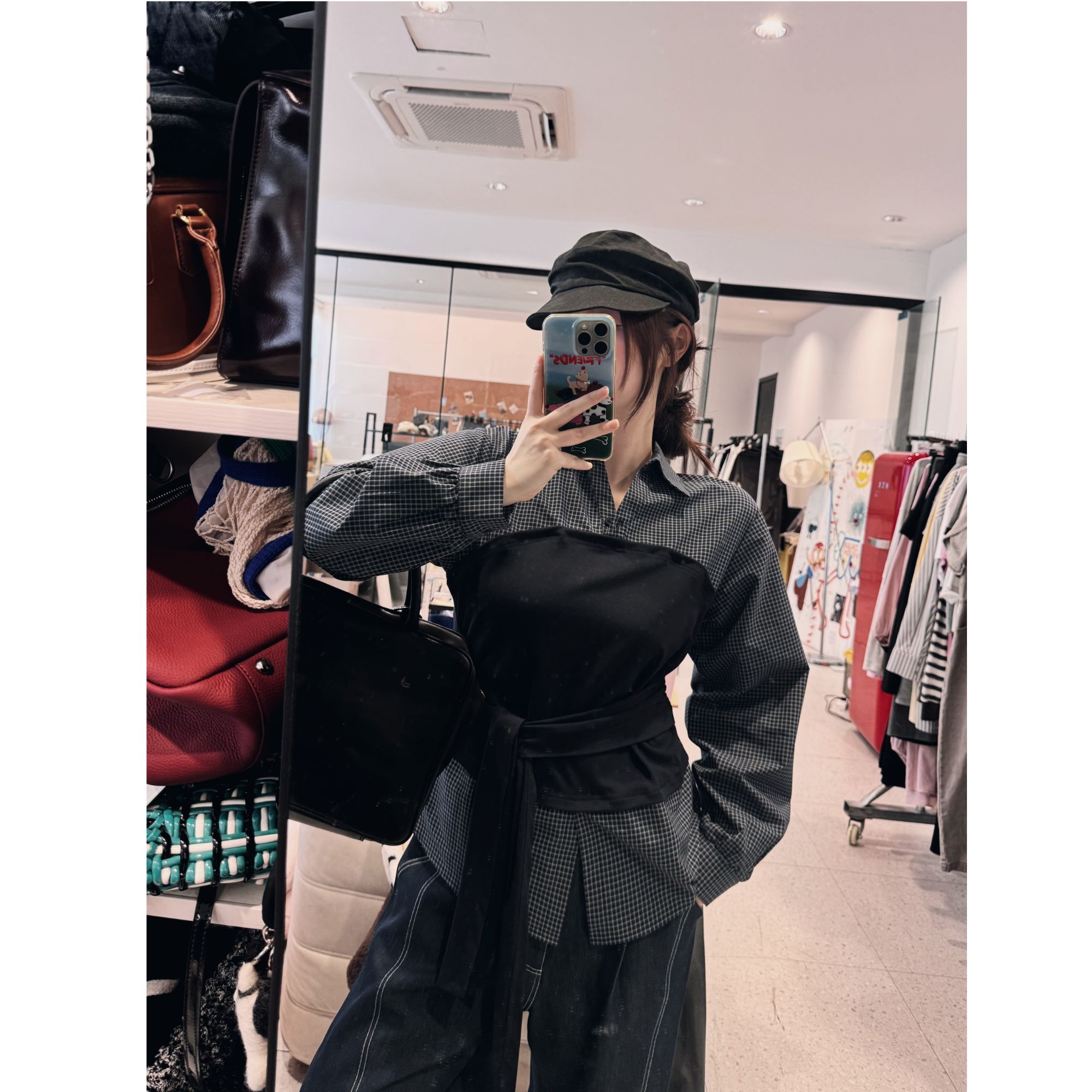 晶咕【小蛮腰！】设计感假两件绑带收腰拼格纹翻领上衣