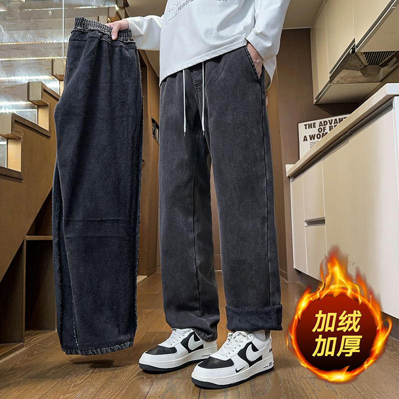 Jeanswest/真维斯秋冬加绒牛仔裤男宽松哈伦男裤休闲松紧腰长裤子