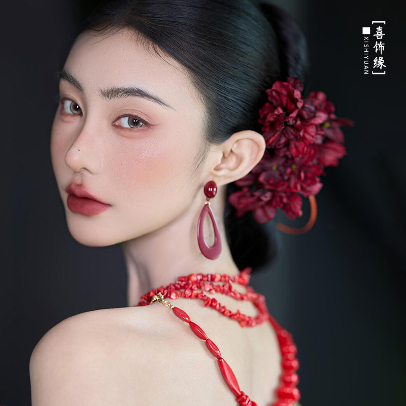 高级感晨袍头饰红色复古仿真花发簪新娘旗袍礼服配饰20250312