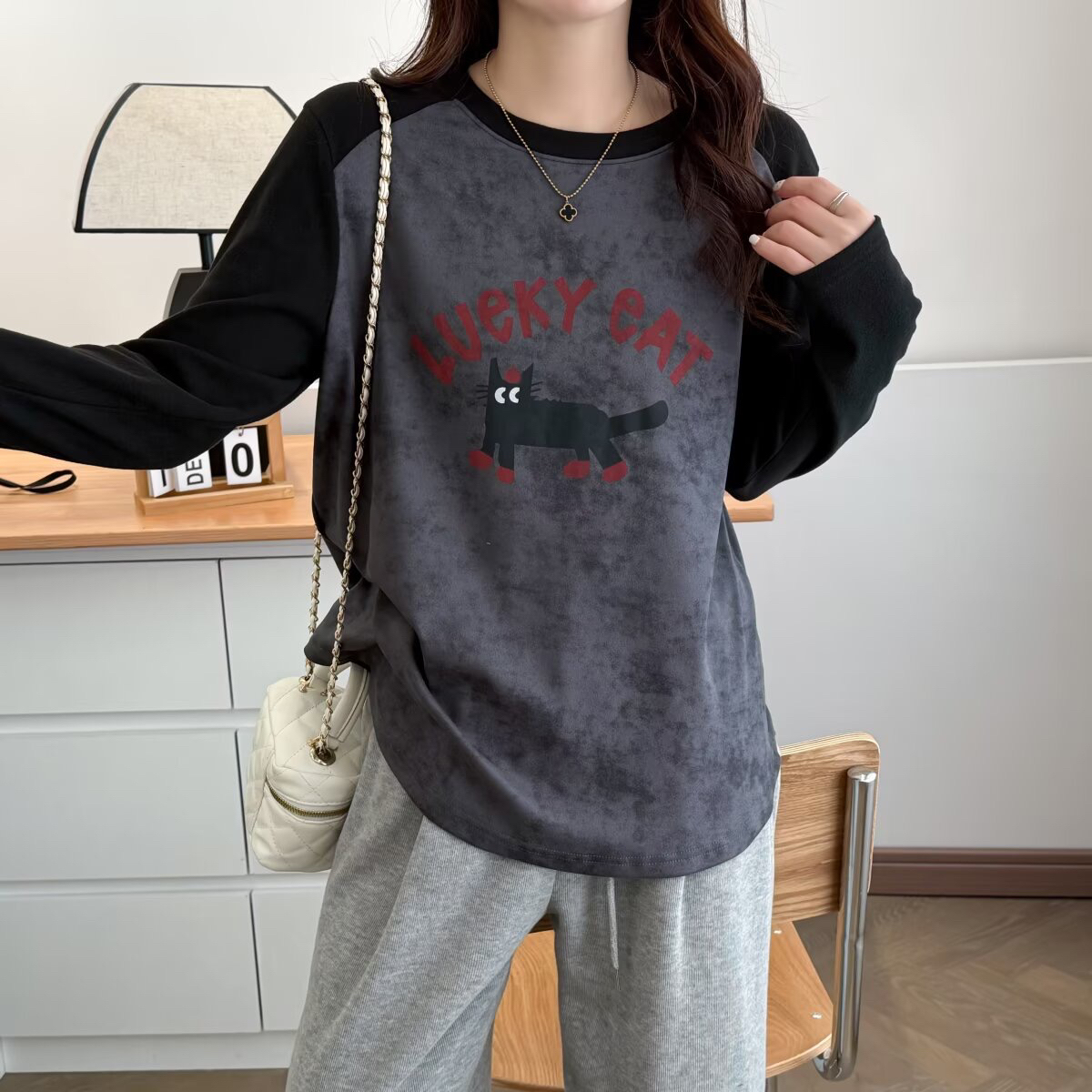 大码女装撞色扎染加厚长袖t恤女洋气显瘦打底衫宽松百搭时尚上衣