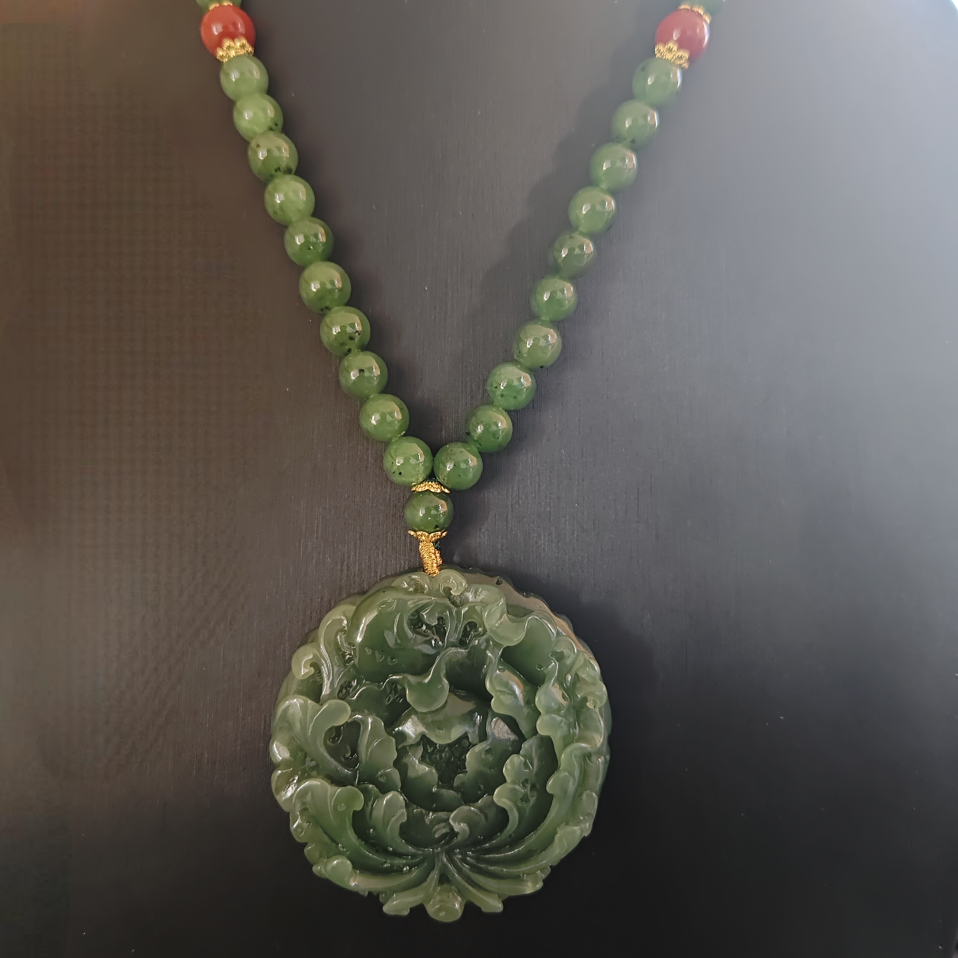 [00128]天然和田碧玉牡丹花精美国风项链