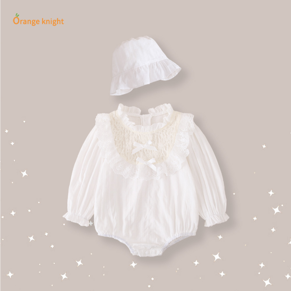 春秋薄款婴儿装双重蝴蝶结白色花边领包屁衣女宝宝三角爬服连体衣