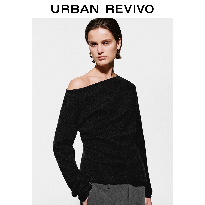 UR2025冬季新款女装气质设计感斜肩领褶皱针织衫UWM950139