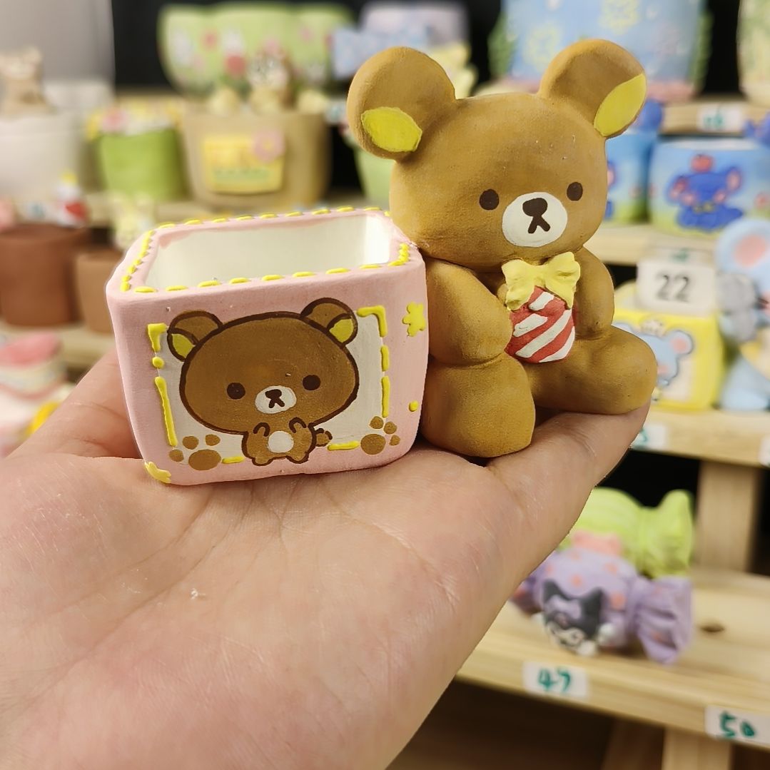 炭***炭轻松熊手捏摆件小方盆