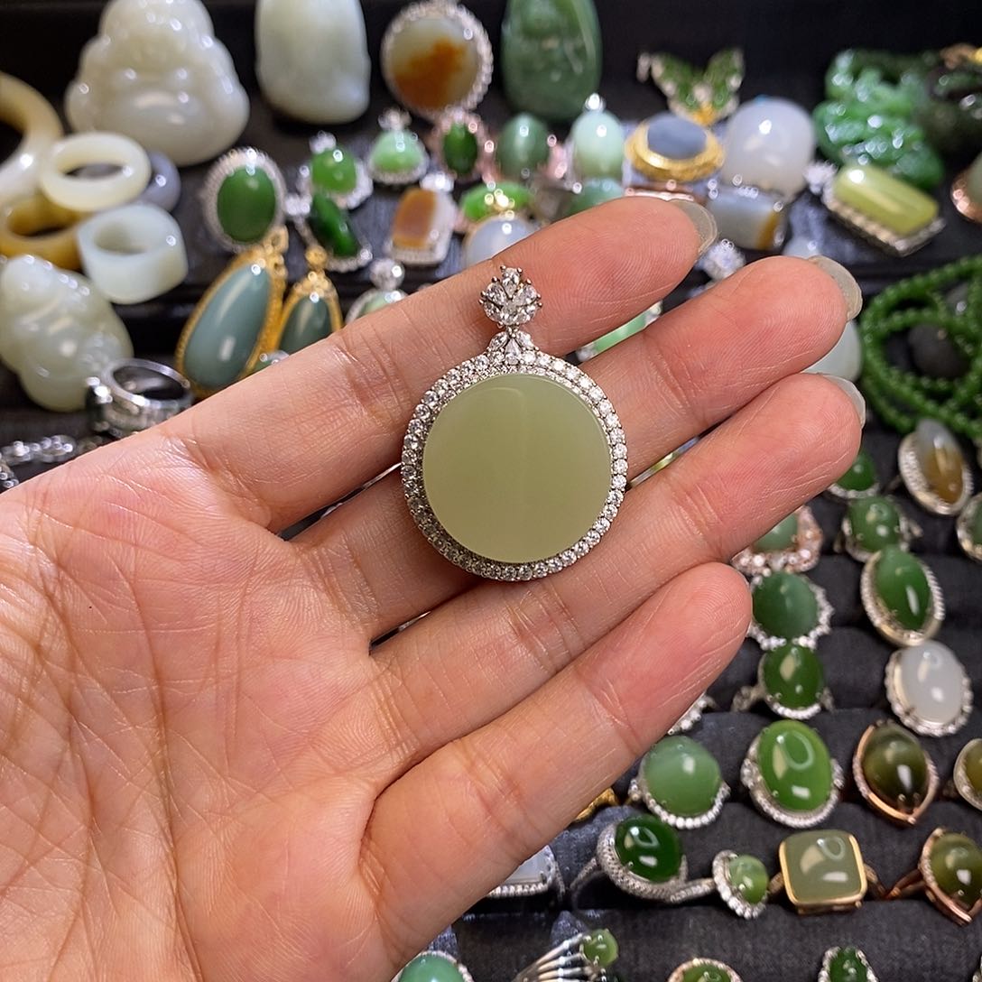 和田玉银S925镶嵌挂件