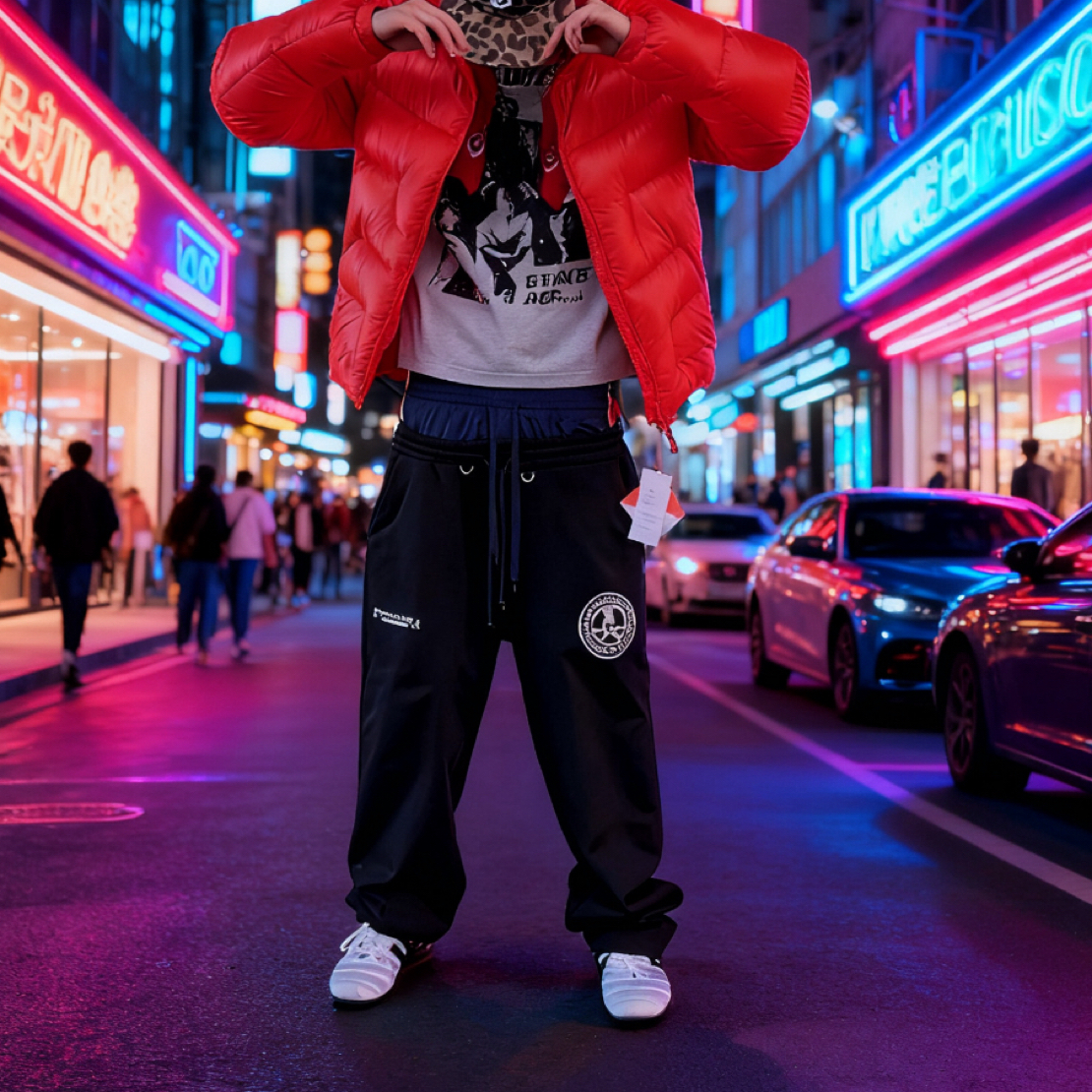 撞色拼接抽绳双腰头松紧卫裤冬季设计感显瘦 休闲长裤直筒