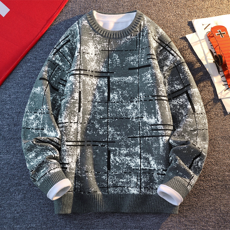 【高品质】2025秋冬季男士潮流印花毛衣休闲百搭宽松圆领针织衫902