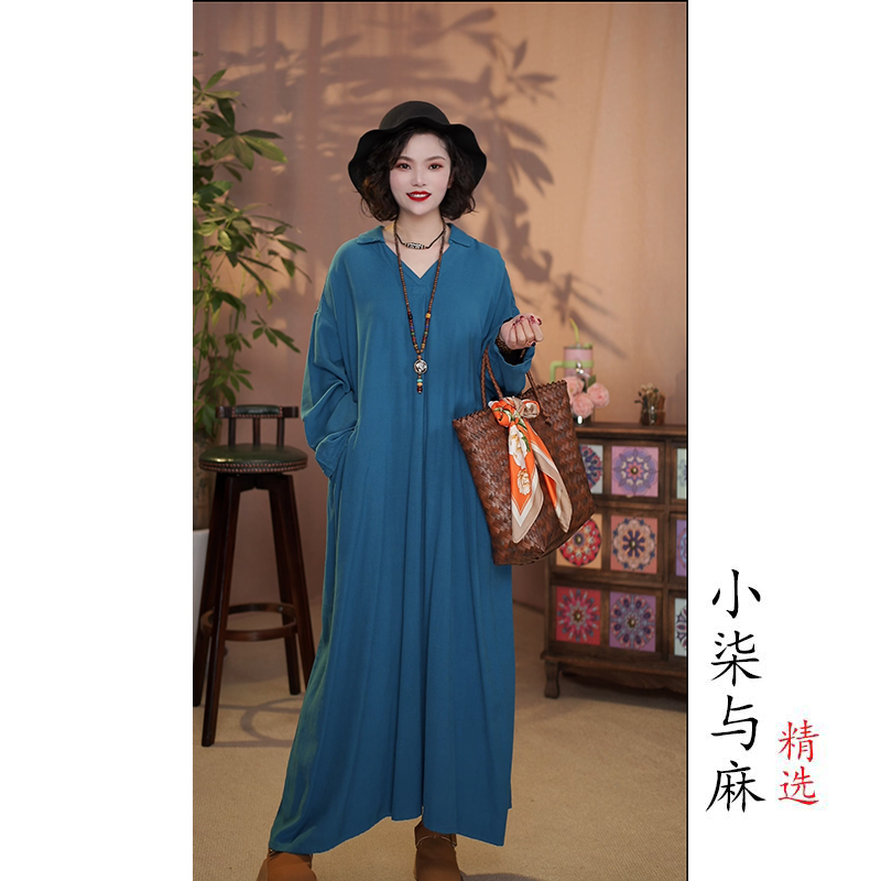 【小柒与麻】春秋季新款复古风亚麻半V领裙袍（衣长120胸围134）蓝色