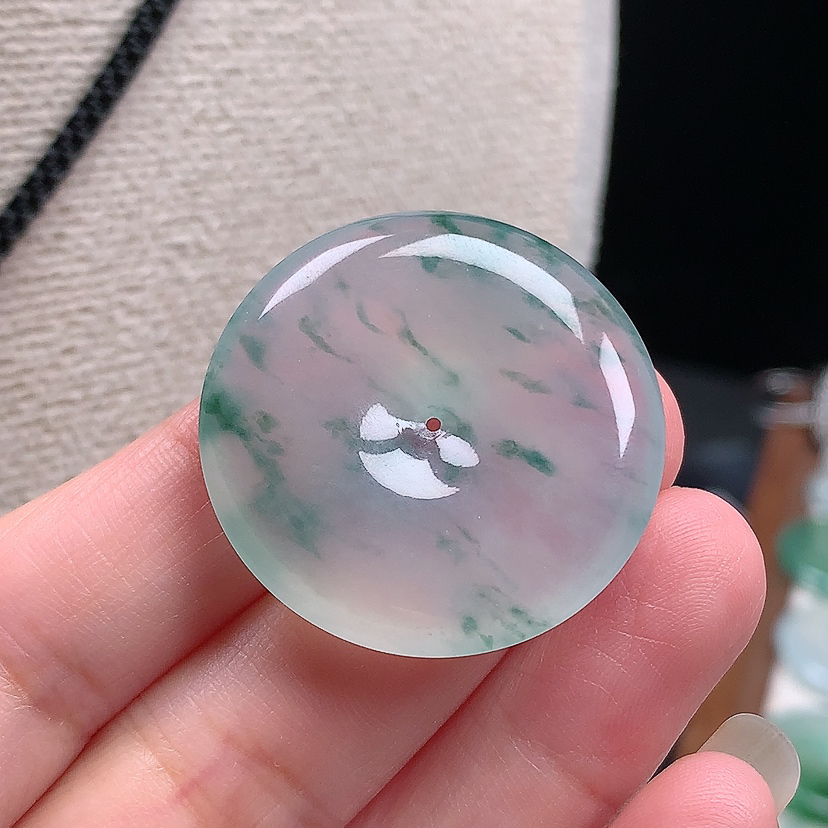 缅甸天然翡翠A货玉石冰种飘花平安扣吊坠31.6*5.7mm