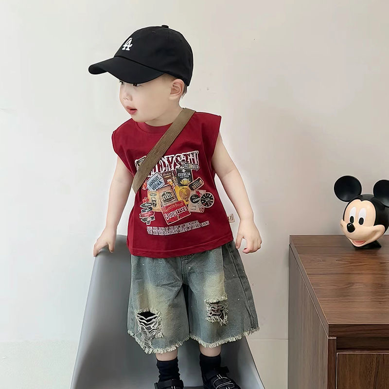 帅气时尚童装男童套装背心夏季薄款时尚复古炸街印花宝宝无袖上衣