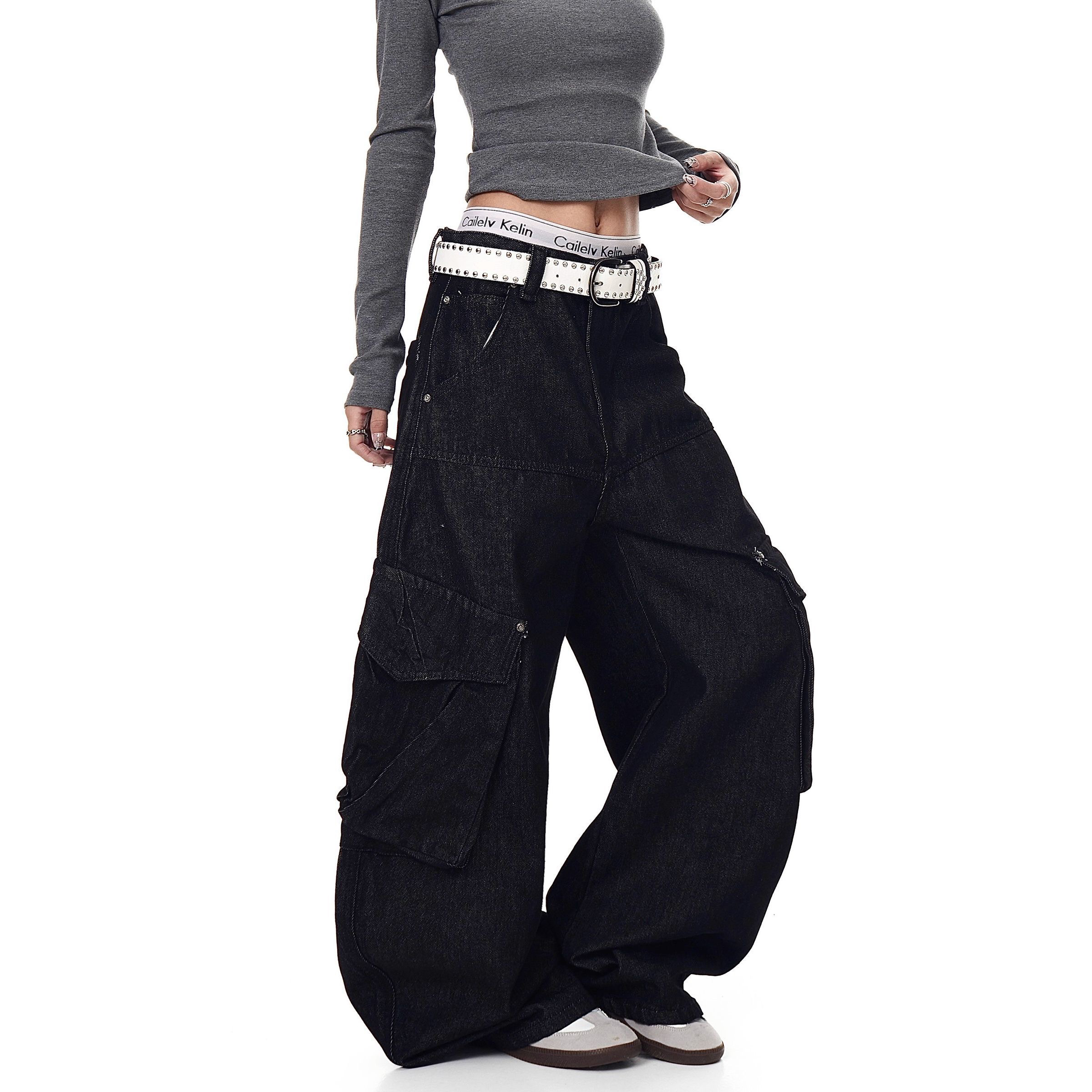 美式复古重磅大口袋工装牛仔裤男女设计感弯刀阔腿裤潮