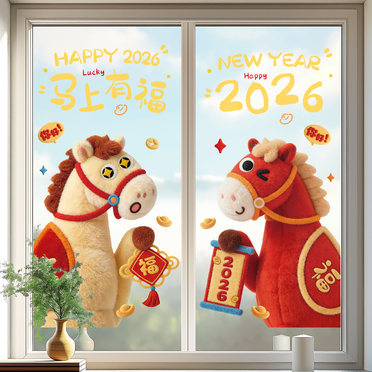 2026春节静电玻璃贴门贴纸新年装饰品过年厨房贴画剪纸窗花店面