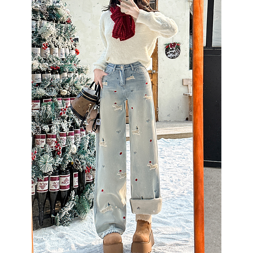 腊肠狗刺绣高腰加绒加厚牛仔裤女2024冬季小个子显瘦设计感阔腿裤