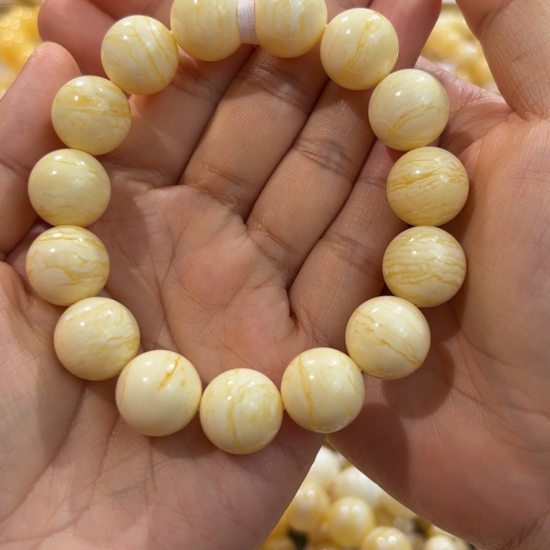 琥珀裸石未镶嵌～*～15mm焦皮瓷白手串