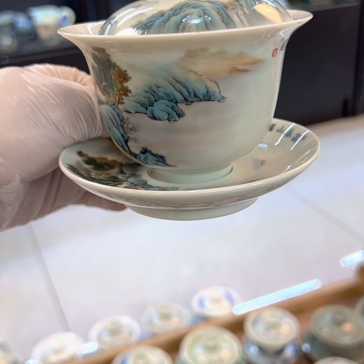 瓷片白青花粉彩富春山居图成香盖碗微