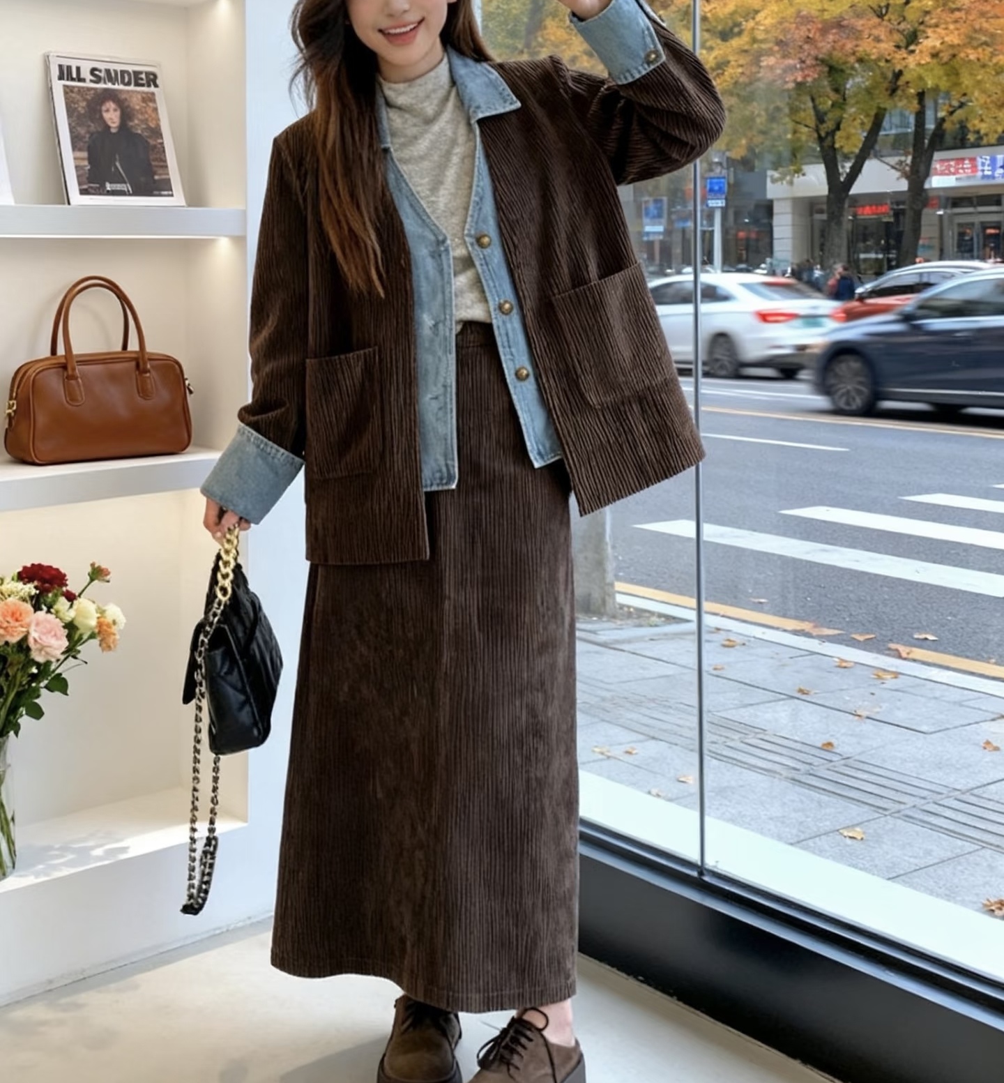 韩系假两件设计感牛仔套装女2025款复古气质显瘦两件套夹棉加厚