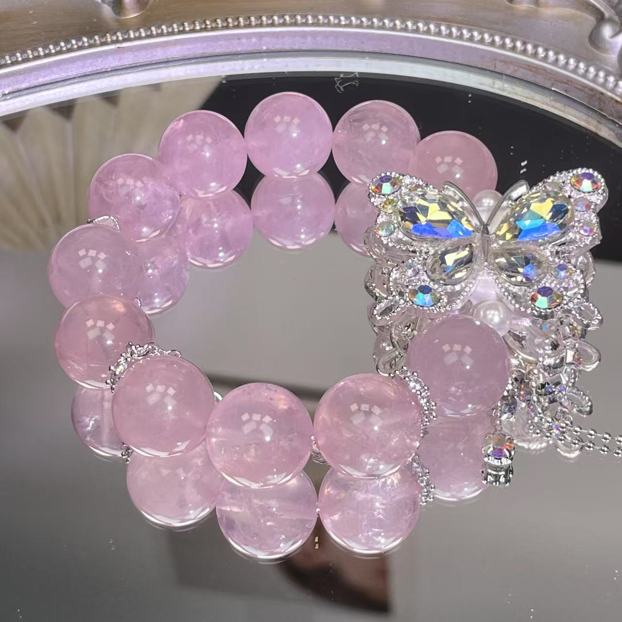【化蝶飞】16mm+大颗粒粉晶搭配蝴蝶手串 3024 颜色微差 多样性发