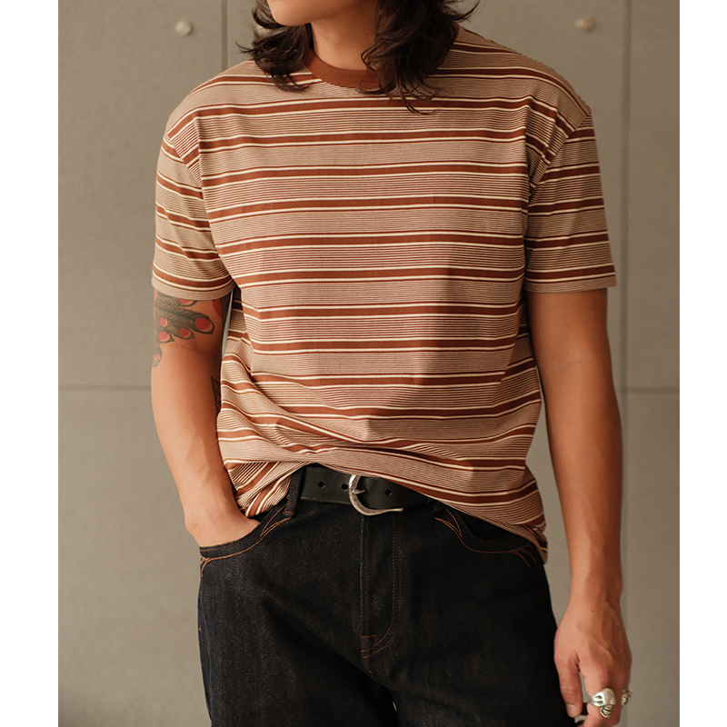310G黑白条纹合身休闲夏季美式复古运动短袖T恤 MBBCAR窄幅