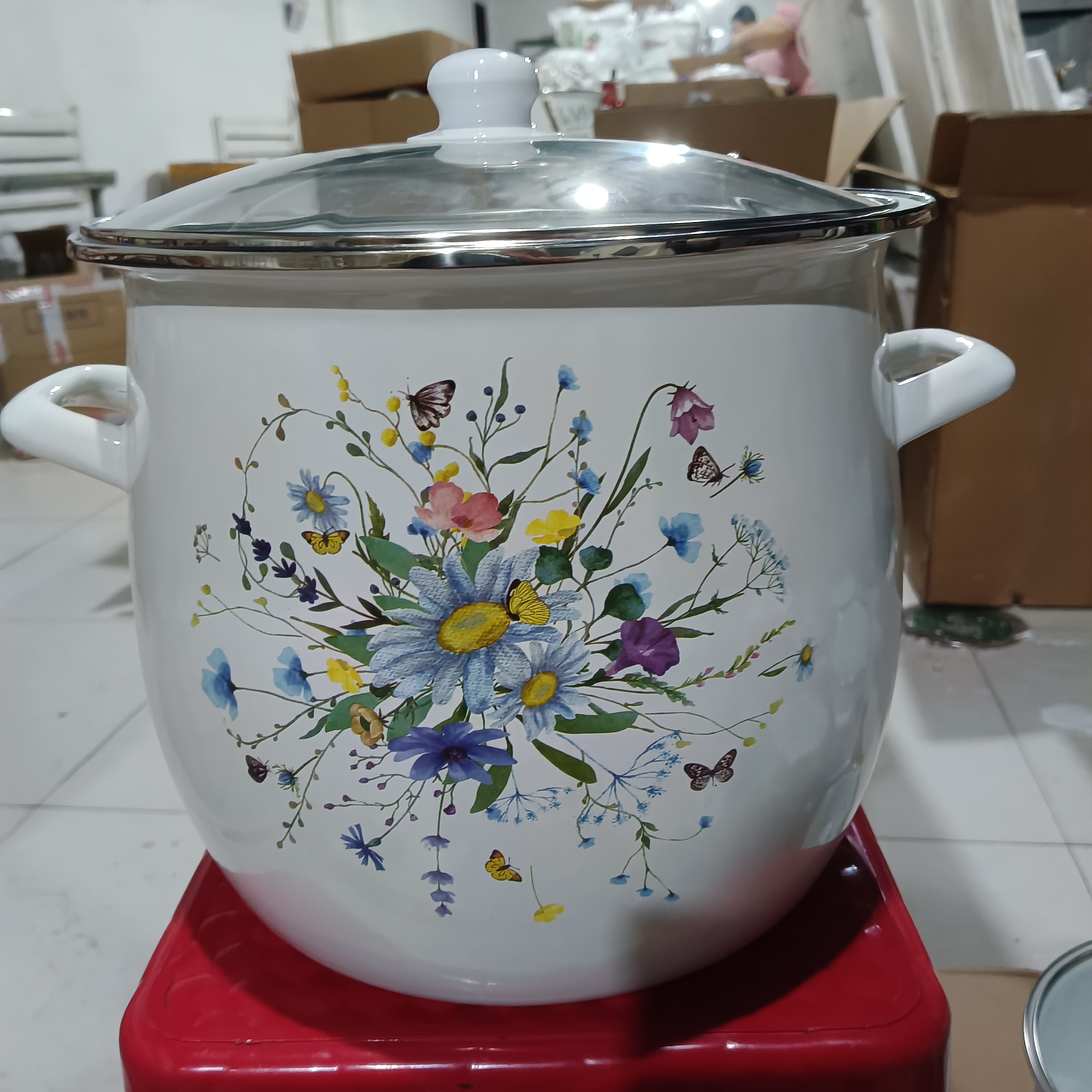 27口径新搪瓷大肚子高桶锅玻璃盖瑕疵处理花色颜色随机发