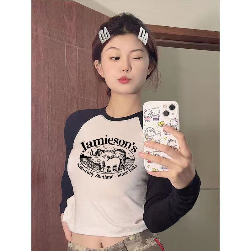 韩版小众时尚洋气美式复古T恤秋季拼接撞色长袖简约印花修身上衣