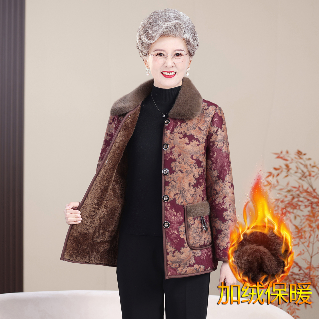 2025新款棉服翻领妈妈装加绒褶皱提花中老年女装植物花卉洋气