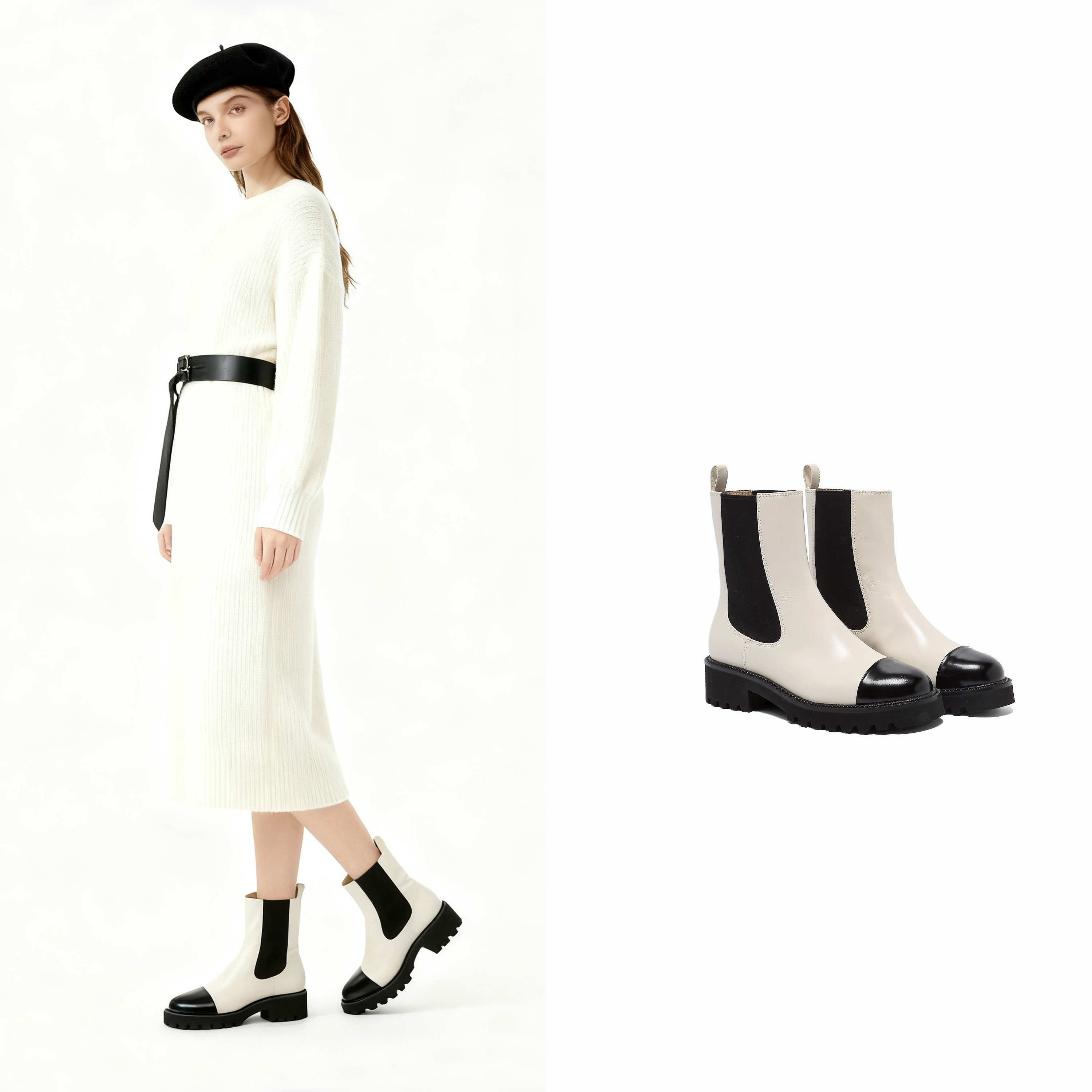 DEAL 得乐【双11活动新款】优雅切尔西靴拼接圆头女短靴2E4630318