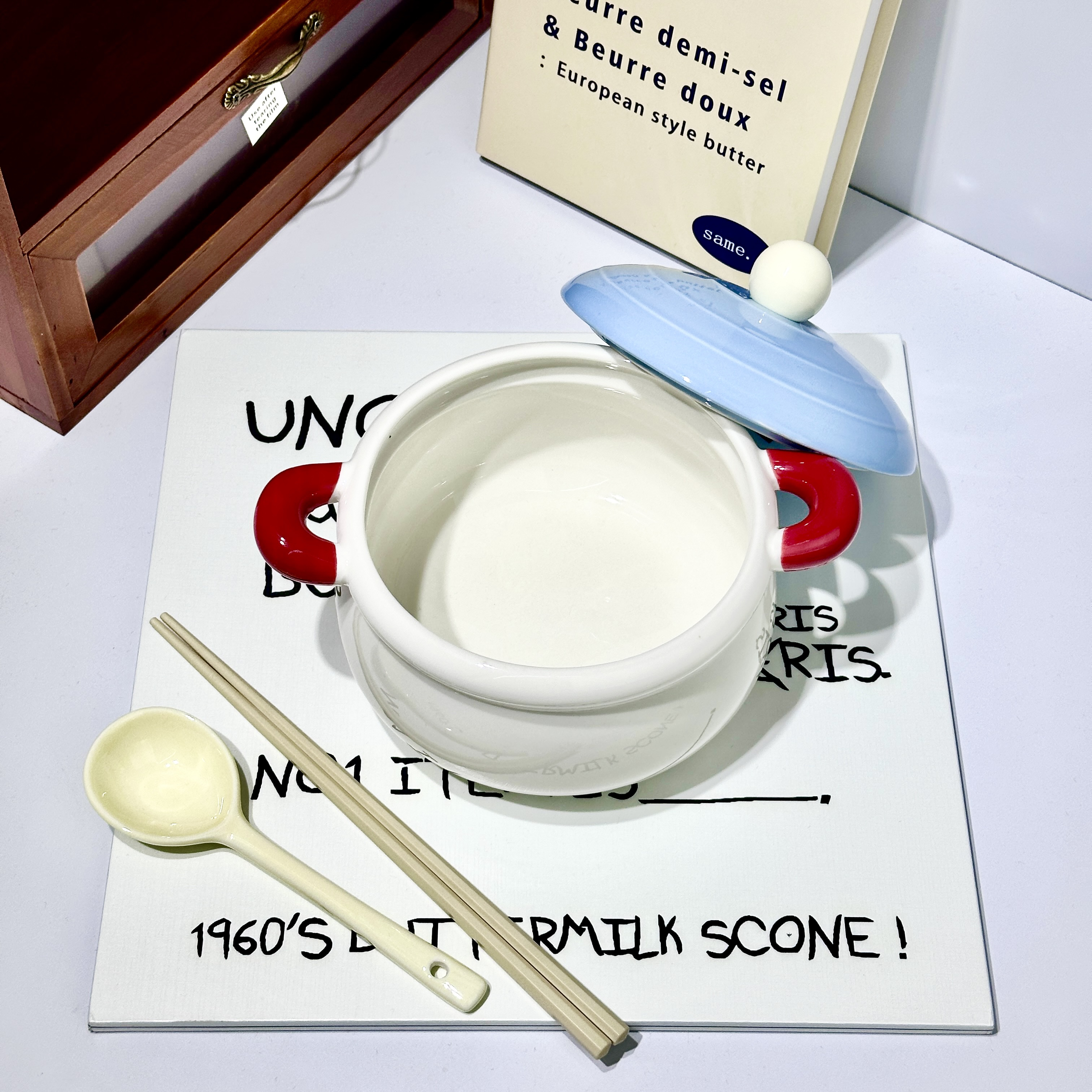 家用学生宿舍带盖双耳防烫陶瓷泡面碗可爱纯色奶油风大容量陶瓷罐