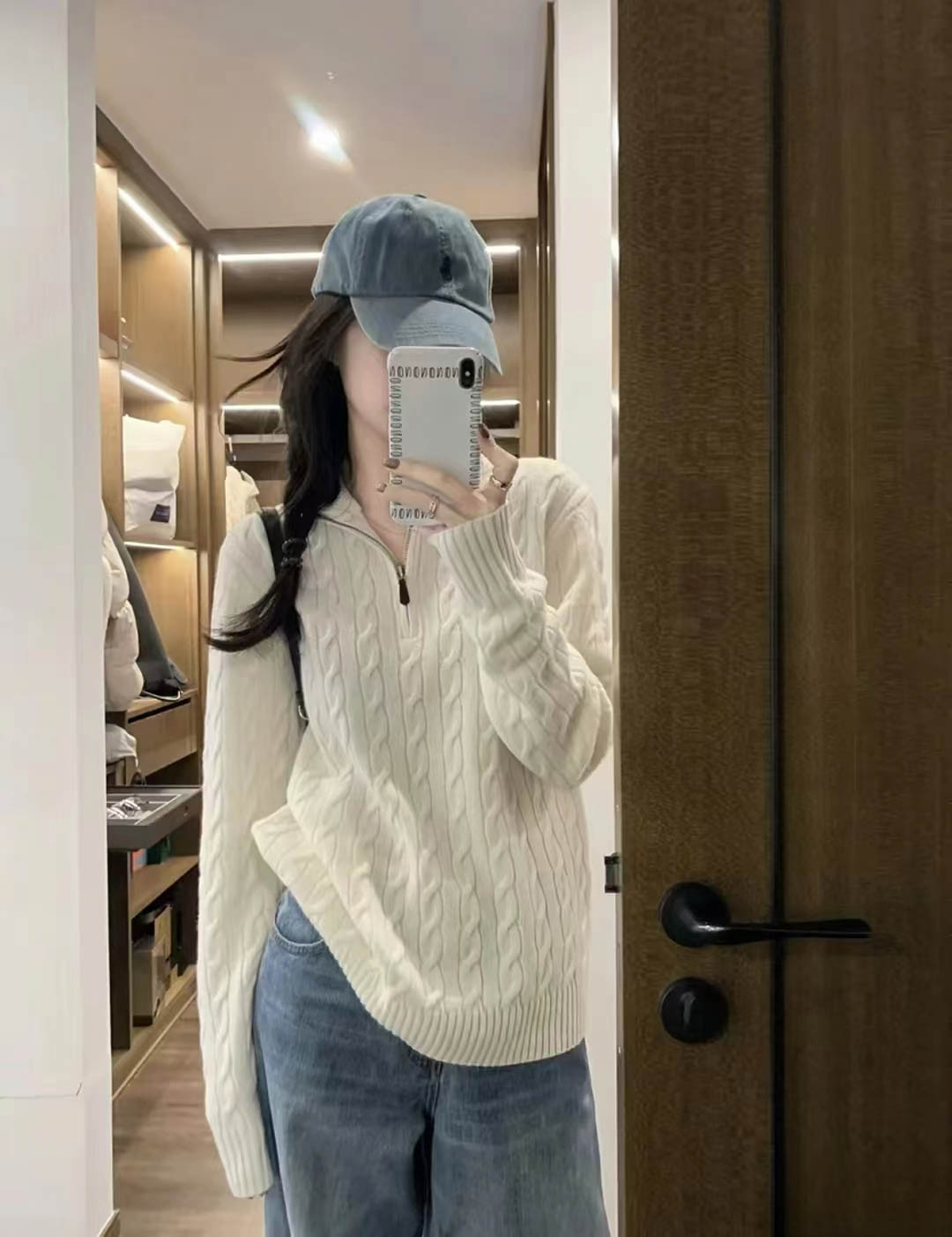 极简老钱风纯色小马刺绣半拉链绞花针织毛衣质感穿搭男女同款3.0