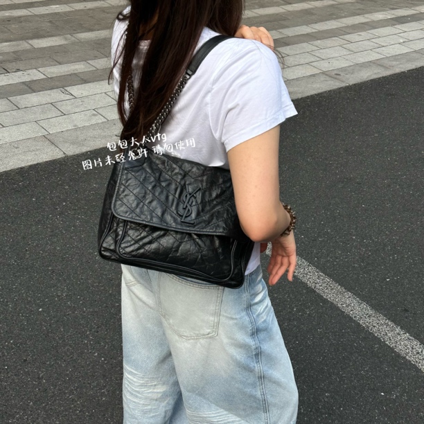 95新 YSL/圣罗兰 全皮黑色中号niki单肩包